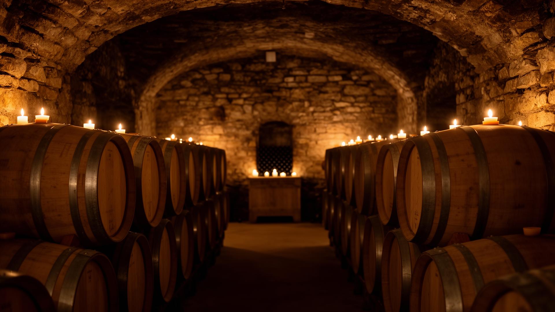 Candlelit French wine cellar with oak barrels
