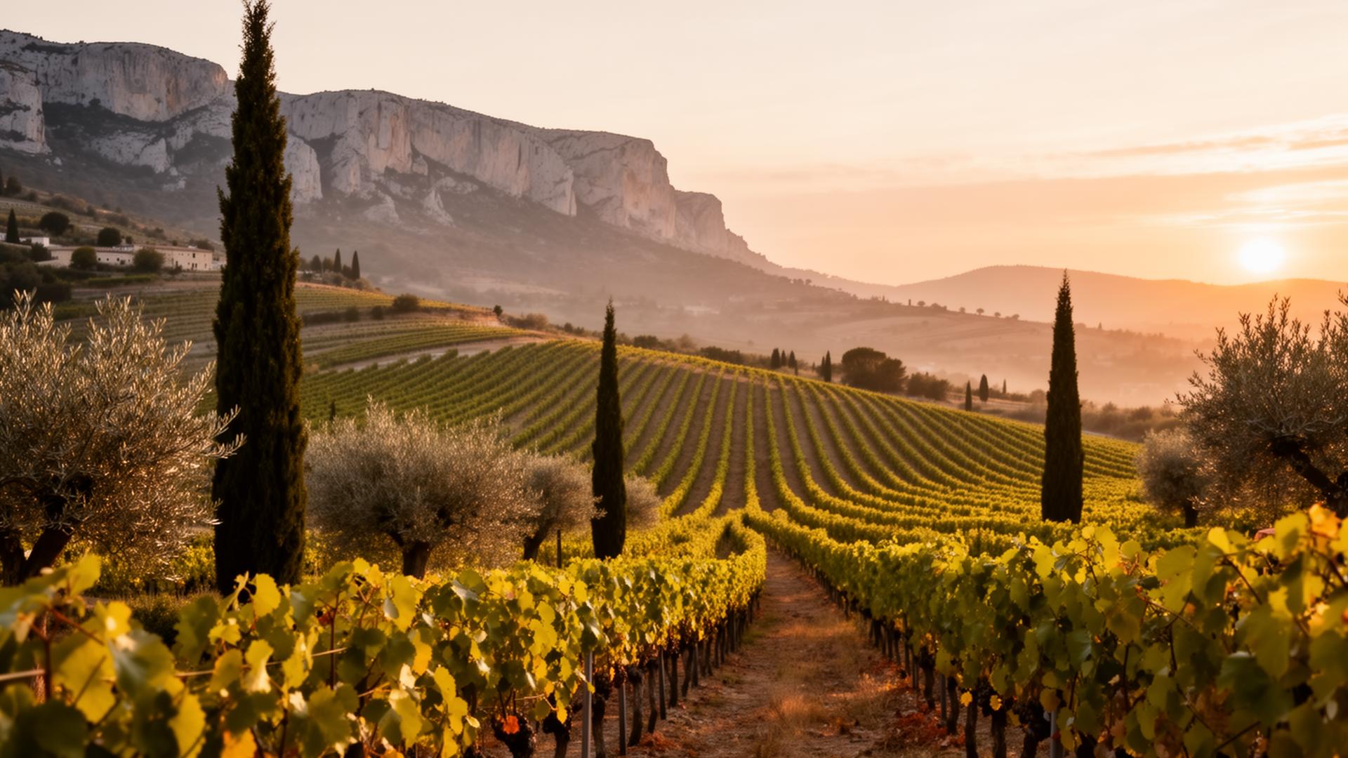 Vineyard at golden hour with limestone mountains